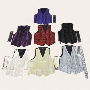 Hi-Tie & Barry Wang Mens Vest Lot 7pc Paisley Jacquard XL/L Multi Formal Wedding